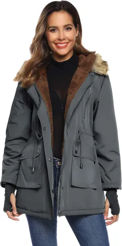 Vista 2 de Grace Karin - Abrigo con capucha para mujer, con forro de vellón y bolsillos, chaqueta, parka, de pelo sintético