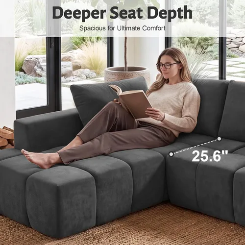 Vista 3 de Sofá modular sin hueso de 116 pulgadas para sala de estar, moderno sofá modular de felpilla con asiento profundo de gran tamaño, sofá nube con diván