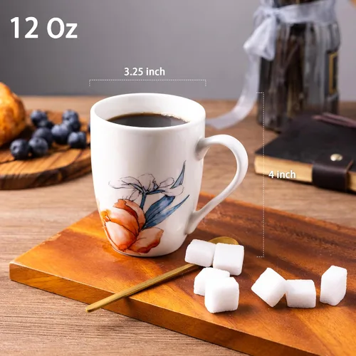 Vista 2 de GBhome Juego de 6 tazas de café de 12 onzas, tazas de café de cerámica con flores adhesivas para hombre, mujer, mamá, papá, juego de tazas de café