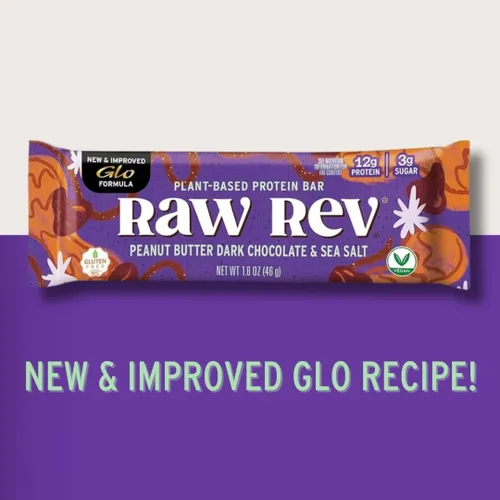 Vista 6 de Raw Rev Glo Barras de proteína, mantequilla de cacahuate chocolate oscuro y sal marina, barra de 1.6 onzas