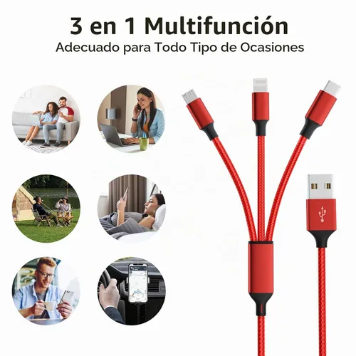 Vista 6 de Cable de carga múltiple 3 en 1, paquete de 2 cables USB de nailon trenzado