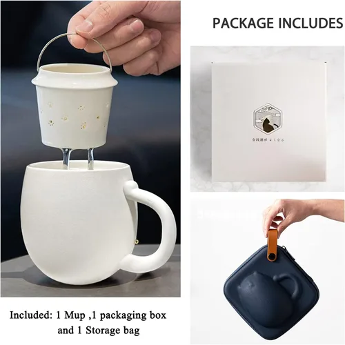 Vista 7 de Liywall - Taza de té de cerámica con infusor y tapa, diseño de gato hecho a mano de porcelana con estuche de almacenamiento portátil a prueba