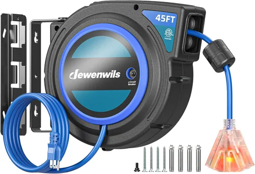 Vista 10 de DEWENWILS Carrete de Cable de Servicio Pesado, Cable de Extensión de Alimentación Retráctil de 40 Pies, 12AWG/3C SJTOW, 3 Tomas Triples Iluminadas