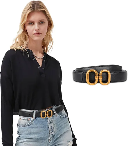 Vista 336 de Cinturón de cuero clásico con hebilla de metal para mujer con vestido de jeans