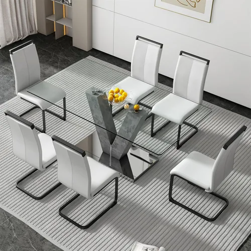 Vista 30 de Juego de mesa de comedor de cristal de 71 pulgadas para 4, juego de mesa de cocina moderno para 4, juego de mesa de comedor para el hogar