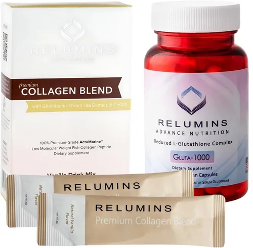 Vista 10 de Relumins Paquete de colágeno y gluta de primera calidad, 10 sobres de colágeno marino (sabor a arándano) + 60 cápsulas vegetarianas, apoya