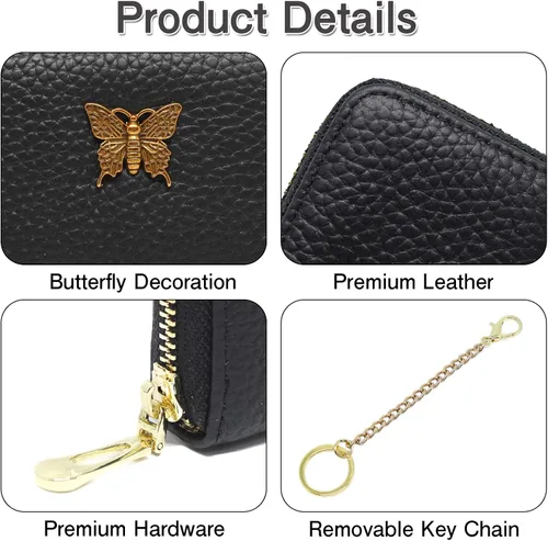 Vista 8 de imeetu Portatarjetas de crédito RFID para mujer, pequeña cartera de cuero con cremallera con llavero extraíble, púrpura café, S, Cartera