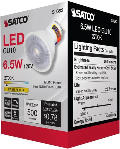 Vista 4 de Satco S9382-6.5 W MR16 Bombilla reflectora LED, luz blanca cálida de 2700 K, 500 lúmenes, ángulo de haz de 40 grados, base de dos pines GU10