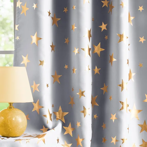 Vista 10 de Treatmentex Cortinas Blackout Completas Gold Star Negras para Dormitorio de Niños Varones, Paneles de Ventana con Acabado Metálico para Cuarto