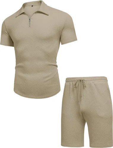 Vista 4 de URRU Conjunto de camisa polo y pantalones cortos para hombre, trajes de verano a la moda, casual, de manga corta, traje de polo para hombre