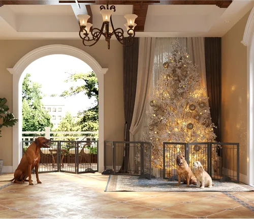 Vista 5 de JSB Puerta para perros de 72 pulgadas extra ancha de 28 pulgadas de altura, puerta para mascotas independiente para pasillos, escaleras y hogar