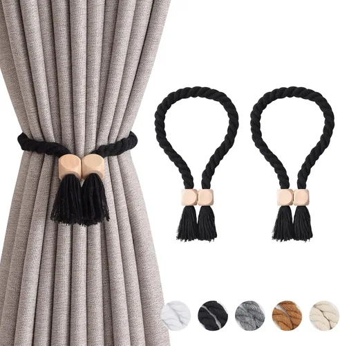 Vista 22 de NICEEC 2 Pack de Alzapaños Magnéticos de Madera en Forma de Cubo Boho para Decoración del Hogar, Alzapaños de Lino Tejidos a Mano para Cortinas Beige
