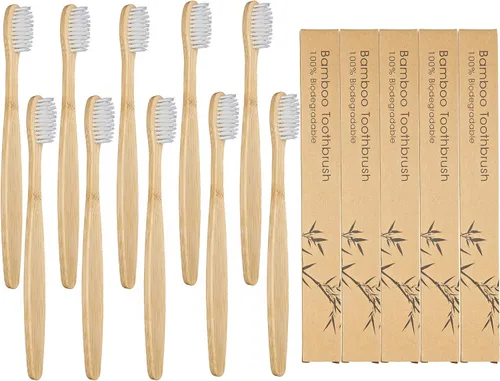 Vista 11 de SEVENHEAD 10 cepillos de dientes de bambú cerdas suaves de madera para adultos, cepillos de dientes naturales biodegradables libres de BPA