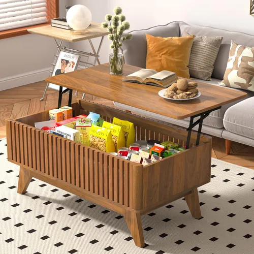 Vista 6 de Mesa de centro elevable con compartimento oculto, mesa de centro moderna de mediados de siglo para sala de estar, mesa central de granja de diseño
