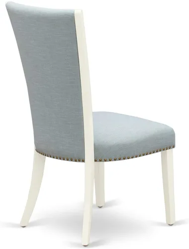 Vista 6 de East West Furniture VEP2T15 Verona Parson - Juego de 2 sillas de comedor acolchadas de tela de lino azul bebé con ribete de cabeza de clavo