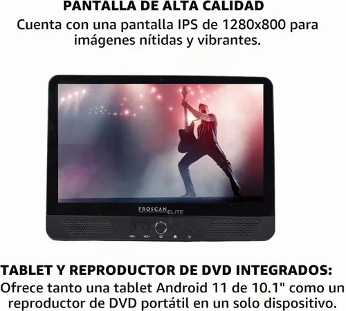 Vista 2 de Proscan Elite 10.1" 1280x800 IPS, Quad Core Tablet/DVD portátil Combo 2GB/32GB Almacenamiento Android 11, cámara frontal de 2 mp, 1 puerto HDMI