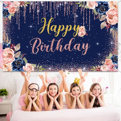 Vista 7 de Decoraciones de fondo de feliz cumpleaños para mujeres, suministros de fiesta, telón de fondo de rosa, fotografía para niñas y niños, pancarta