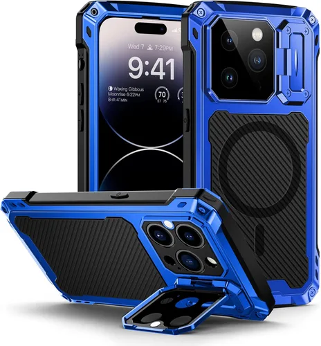 Vista 13 de Lanhiem Funda magnética de metal para iPhone 14, soporte de cámara integrado y protector de pantalla de cristal, resistente a prueba de golpes