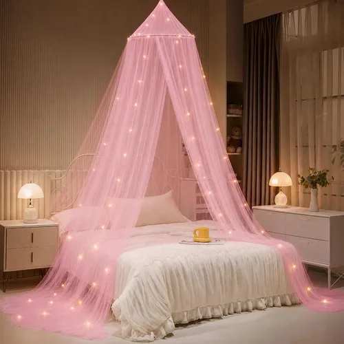 Vista 10 de Dosel de Cama con Luces, Dosel de Cama para Niñas Princesa con Estrellas Luminosas, Cortinas de Cama con Dosel para Camas de Individual a King