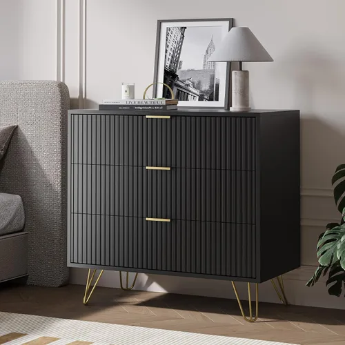 Vista 14 de MAISONARIA Cómoda negra para dormitorio, cómoda de 4 cajones con asas de metal dorado y cómodas, cómodas para pasillo, dormitorio