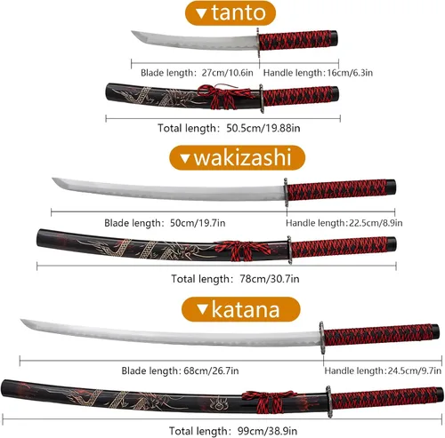 Vista 3 de 3-Piece Set Katana Carbon Steel Blade Japanese Samurai Sword Real,Iaido Samurai Sword Display Decoration Gift Rojo