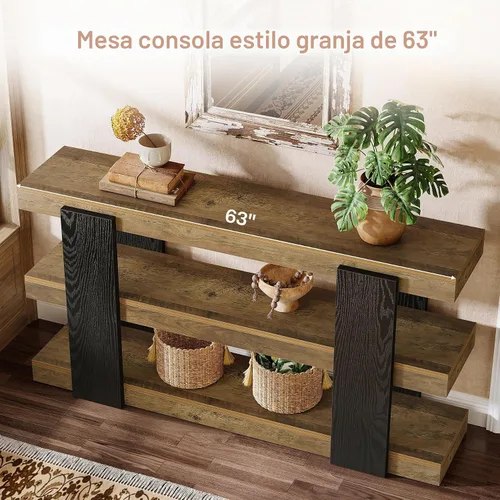 Vista 7 de Tribesigns Mesa consola de 63 pulgadas de largo, mesa de entrada de 3 niveles con almacenamiento, mesas de madera de granja detrás del sofá