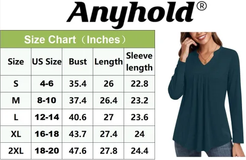 Vista 4 de Anyhold Blusa de manga larga para mujer, cuello en V, casual, plisada, básica