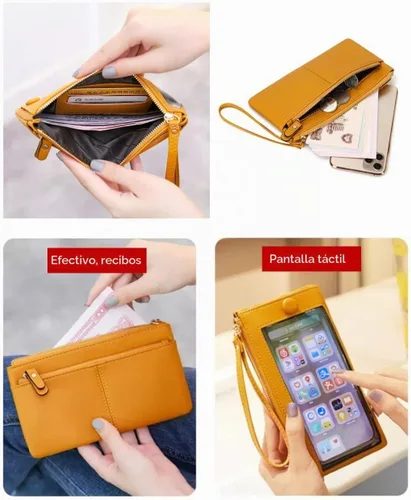 Vista 5 de Funda de cuero para teléfono con pantalla táctil, cartera de mano para mujeres y niñas F23 Rosa Claro 2 bolsillos