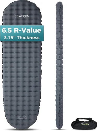 Vista 8 de ATEPA ThermAir Pro 5 R-Value - Colchón de aire aislado ultraligero para 4 estaciones, tapete de dormir silencioso de 4 pulgadas de grosor con saco
