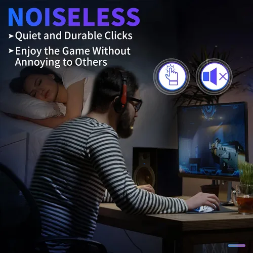 Vista 3 de LETGOALL Silent Click - Ratón de computadora con cable con retroiluminación RGB, 4 DPI ajustables hasta 3200, mouse ergonómico para jugadores