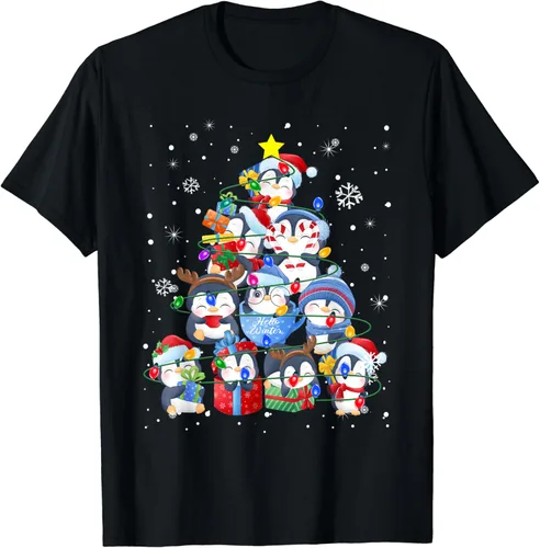 Vista 2 de Bonita camiseta de árbol de Navidad con diseño de pingüino, Negro, S