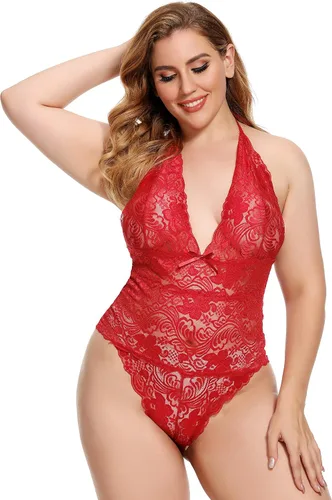 Vista 2 de Lencería para mujer de talla grande, body de encaje Halter sexy de una pieza con peluche.