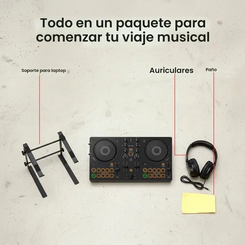 Vista 2 de Pioneer DJ AlphaTheta DDJ-FLX2 Controlador de DJ compacto de 2 canales con soporte para laptop, auriculares y paño de pulido Austin Bazaar