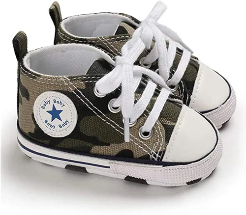 Vista 2 de Zapatos de bebé, para niñas o niños, suaves, suela antideslizante, para recién nacidos y primeros pasos, de estrella, tenis caña alta de lona