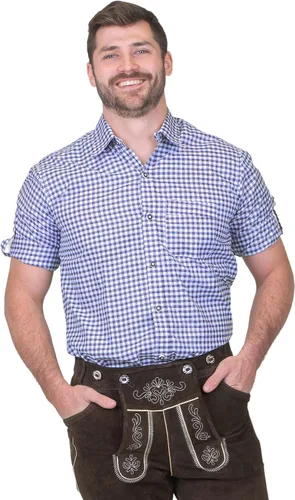 Vista 2 de Dirndl Trachten Haus Camisa de manga largamanga corta con botones a cuadros azules alemanes
