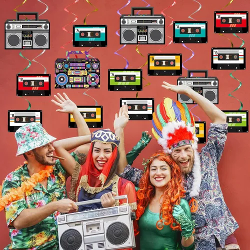 Vista 7 de 72 piezas de decoraciones de fiesta temática de los años 90, remolinos colgantes de los años 80, cinta grabadora de música de los años 80, remolinos