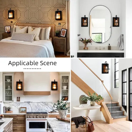 Vista 5 de Apliques de pared estilo granja, iluminación de pared industrial moderna en interior con base E26 color madera falso acabado negro mate, lámpara