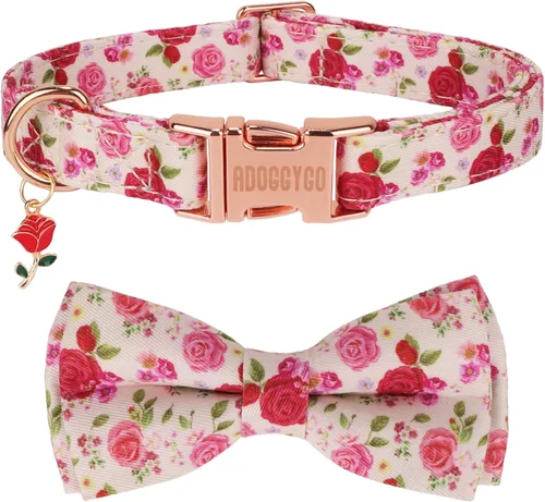 Vista 8 de ADOGGYGO Collar de perro floral con lazo, hebilla de metal, collar ajustable con lazo floral de rosa roja para perros extra pequeños (XS)