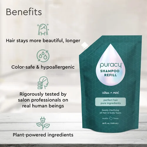 Vista 3 de Puracy Recambio de champú natural, 48 onzas líquidas, el cabello se mantiene más limpio durante más tiempo con LexFeel N5, sin sulfatos