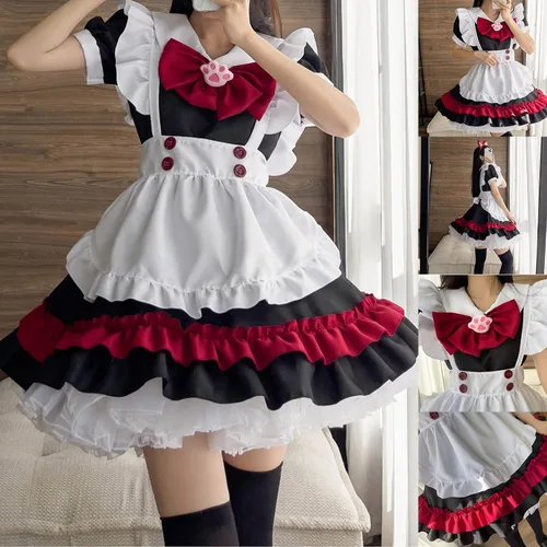 Vista 2 de Disfraz de sirvienta de talla grande disfraz gótico de Lolita negro y rojo disfraz de cosplay de anime para gatos y niñas Lolita lindo XXS