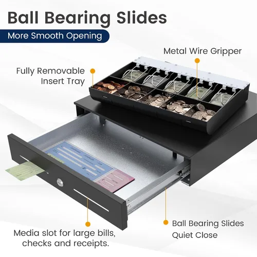 Vista 4 de Cajón de caja de 18 pulgadas de alta capacidad: bandeja extraíble de 5 billes/5 monedas, apertura electrónica automática, cable RJ11/12, 24 V, Negro