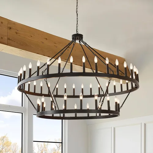 Vista 7 de Candelabro de iluminación de rueda de carro, 6 luces con pantalla de vidrio semillado, lámpara redonda de madera para cocina, isla de vestíbulo