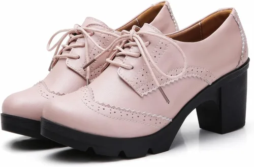 Vista 6 de DADAWEN - Zapatos clásicos de cuero para mujer, con cordones, de tacón medio cuadrado y grueso con plataforma y puntera, para pantalones oxford