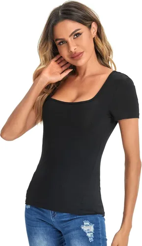 Vista 3 de Verdusa Womens Short Sleeve Square Neck T-Shirt Basic Solid Slim Fitted Top Tee