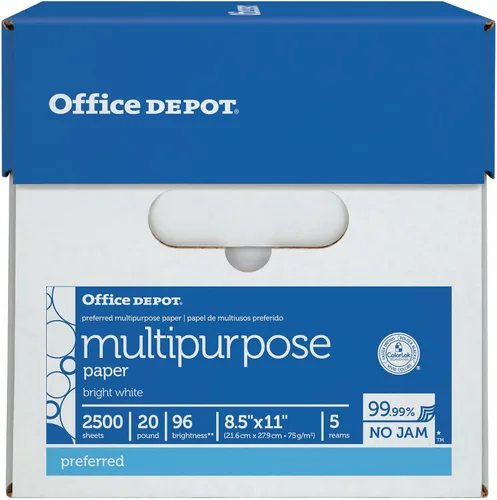 Vista 4 de Office Depot® Impresora multiusos y papel de copia, 5 resmas, blanco, letra (8.5 x 11 pulgadas), 2500 hojas por caja, 20 libras, 96 brillantes