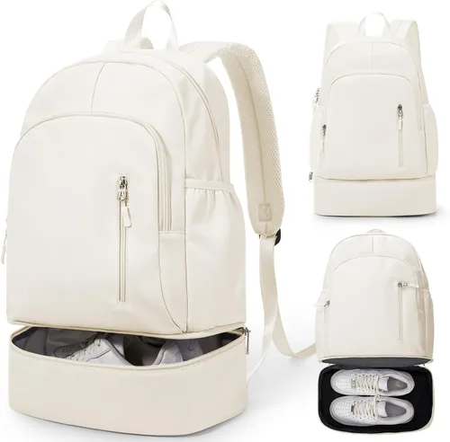 Vista 15 de Mochila de gimnasio para mujer, pequeña bolsa de gimnasio con compartimento para zapatos, mochila impermeable para deportes con bolsillo húmedo