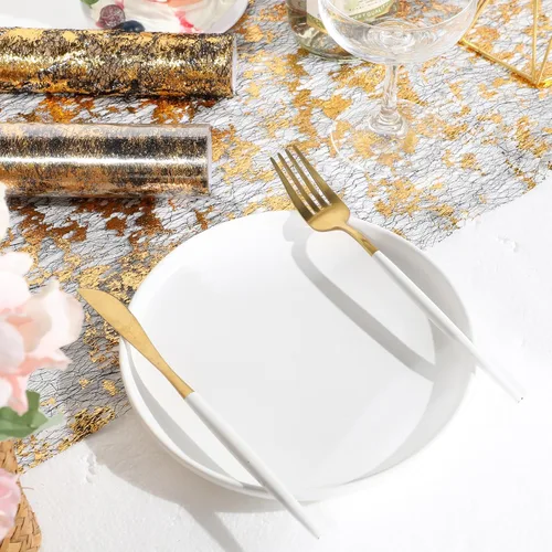 Vista 5 de Mixweer 10 caminos de mesa dorados de 11 x 110 pulgadas con lentejuelas para decoraciones de malla fina, fiestas, bodas, cumpleaños, despedidas