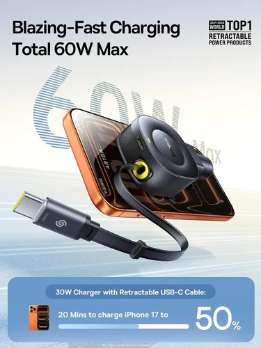 Vista 2 de Cargador de Coche Ultra-Mini Retráctil Baseus USB C, Cargador de Coche de Carga Rápida de 60W con Cable USB C Retráctil para iPhone 17 16 15 Pro