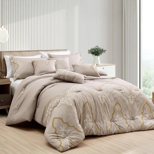 Vista 16 de ESCA Juego de edredón Hypatia beige de 7 piezas, tamaño Queen, bordado, estilo bohemio, ropa de cama floral
