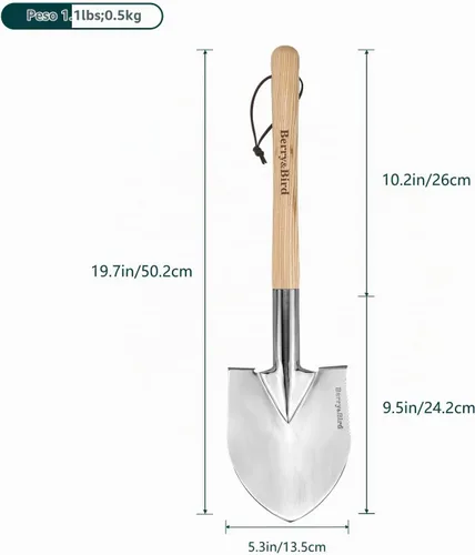 Vista 2 de Berry&Bird Pala de mano corta, paleta de excavación de 19.8 pulgadas para jardinería con mango de madera, pala de punta redonda de acero inoxidable
